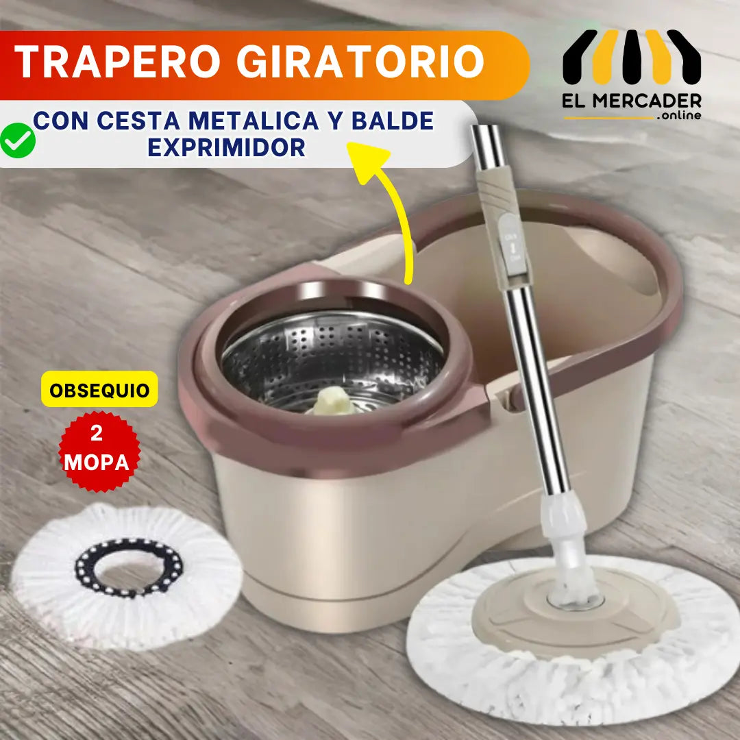 TRAPEADOR GIRATORIO CON CESTA METÁLICA Y BALDE EXPRIMIDOR